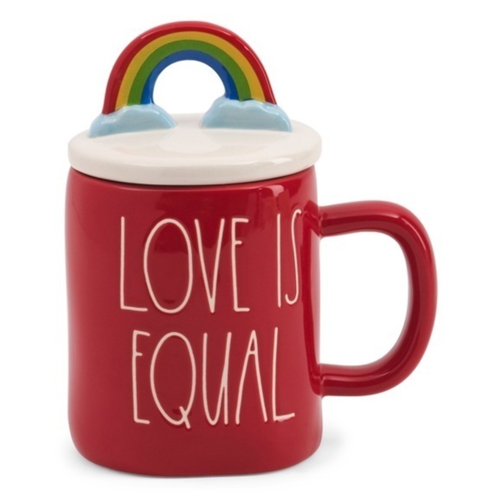 🎁NIB! Rae Dunn Red Love Is Equal Figural Cereal or Coffee Mug w/ Rainbow Topper